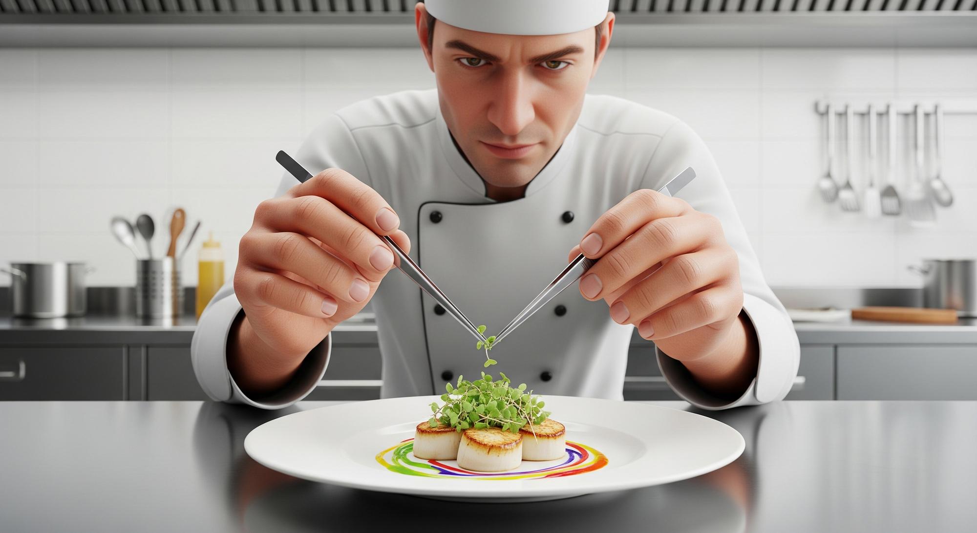Instructor plating modern dish with precision tools
